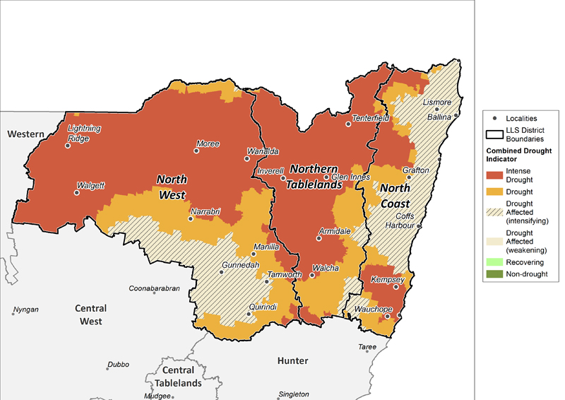 Figure 17. Combined Drought Indicator for the North West, Northern Tableland and North Coast regions For an accessible explanation of this map contact the author seasonal.conditions@dpi.nsw.gov.au