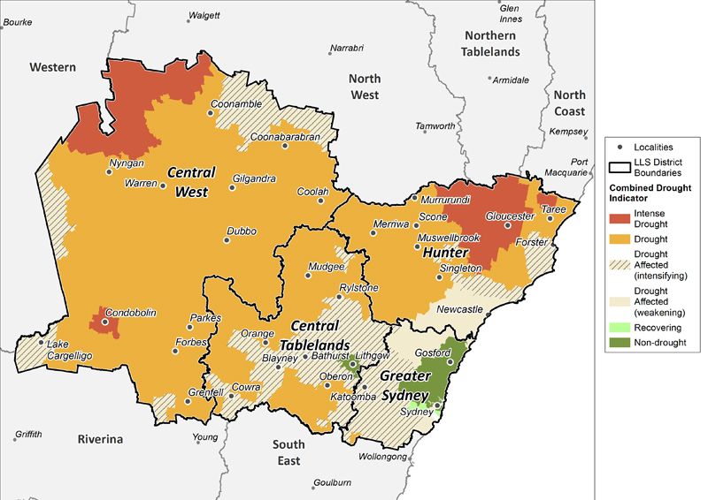 Figure 22. Combined Drought Indicator for the Central Tablelands, Central West, Hunter and Greater Sydney regions For an accessible explanation of this map/graph contact the author seasonal.conditions@dpi.nsw.gov.au