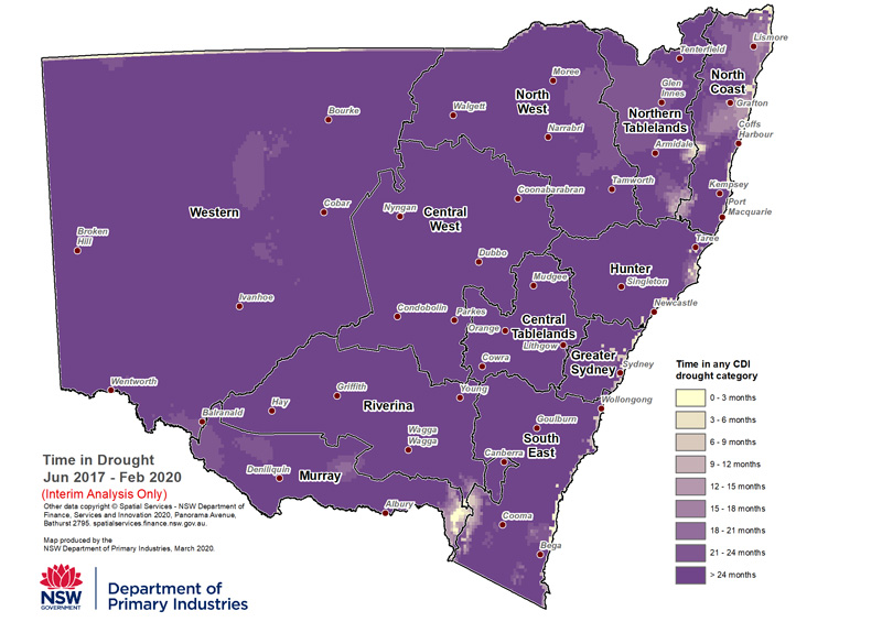 Figure 2. Drought Duration from 1 June 2017 to 29 February 2020 For an accessible explanation of this image contact the author seasonal.conditions@dpi.nsw.gov.au