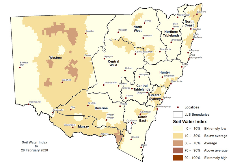 Figure 8. Soil Water Index (SWI) to 29 February 2020 For an accessible explanation of this image contact the author seasonal.conditions@dpi.nsw.gov.au