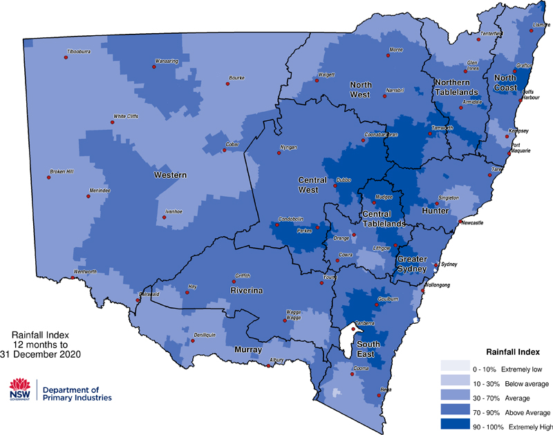 Figure 8. Rainfall Index (RI) to 31 December 2020 For an accessible explanation of this image contact the author seasonal.conditions@dpi.nsw.gov.au