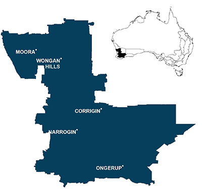 Figure 1: Map of the WA Central agroecological zone showing boundaries and relevant towns. A map showing the locations covered by this region