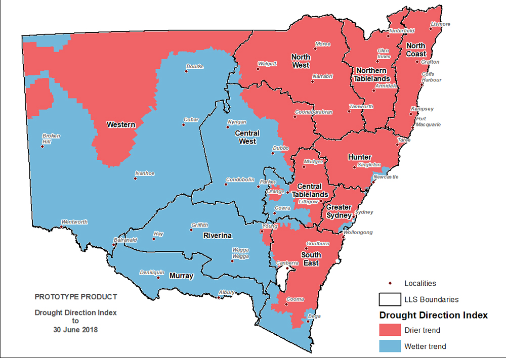 Figure 9. Drought Direction Index (DDI) to 30 June 2018 For an accessible explanation of this map contact the author kim.broadfoot@dpi.nsw.gov.au