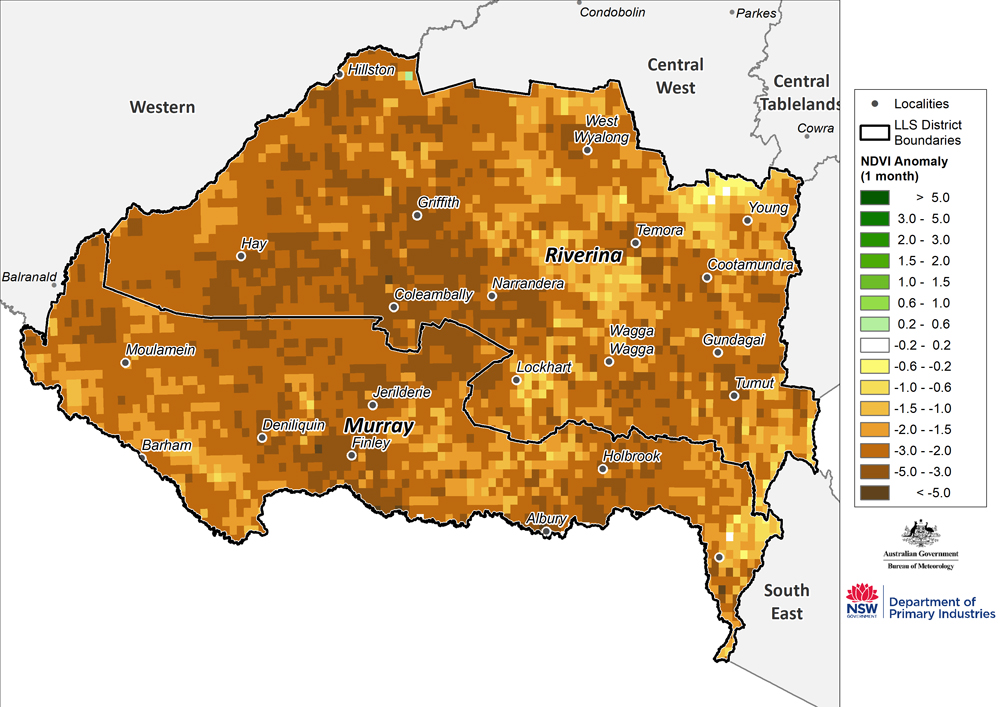 Figure 12. Monthly NDVI anomaly map for the Murray and Riverina regions For an accessible explanation of this image contact the author kim.braodfoot@dpi.nsw.gov.au