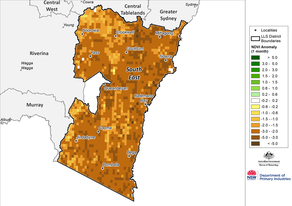 Figure 24. Monthly NDVI anomaly map for the South East region For an accessible explanation of this image contact the author kim.braodfoot@dpi.nsw.gov.au
