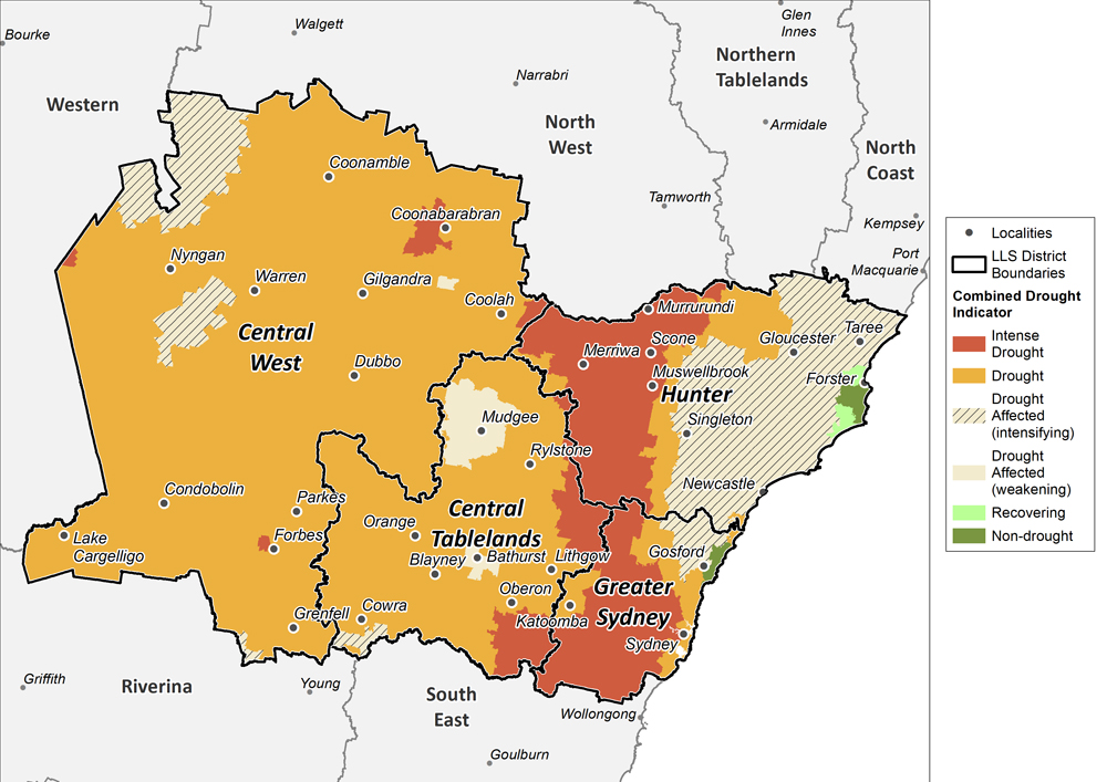 Figure 24. Combined Drought Indicator for the Central Tablelands, Central West, Hunter and Greater Sydney regions For an accessible explanation of this image contact the author kim.braodfoot@dpi.nsw.gov.au