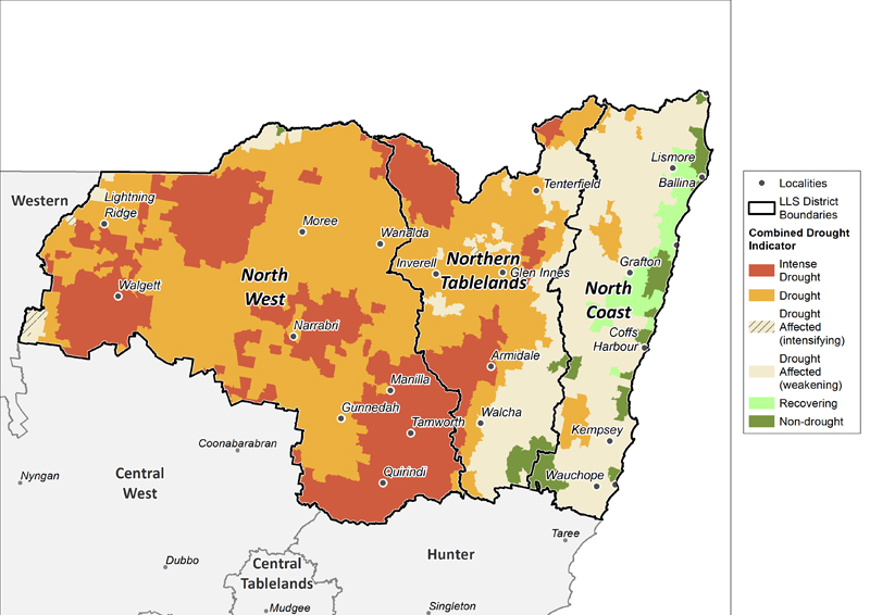 Figure 18. Combined Drought Indicator for the North West, Northern Tableland and North Coast regions For an accessible explanation of this map contact the owner kim.braoadfoot@dpi.nsw.gov.au