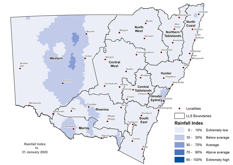 Figure 9. Rainfall Index (RI) to 31 January 2020 For an accessible explanation of this map contact the author seasonal.conditions@dpi.nsw.gov.au