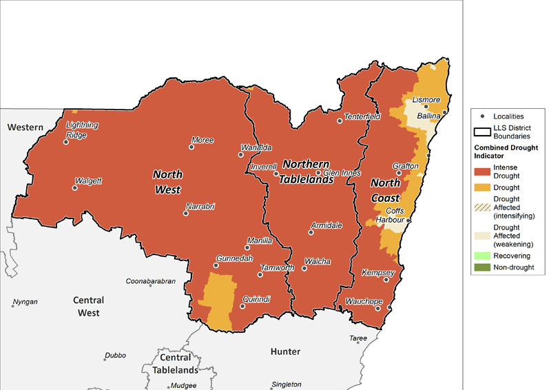 Figure 18. Combined Drought Indicator for the North West, Northern Tableland and North Coast regions For an accessible explanation of this map contact the author seasonal.conditions@dpi.nsw.gov.au