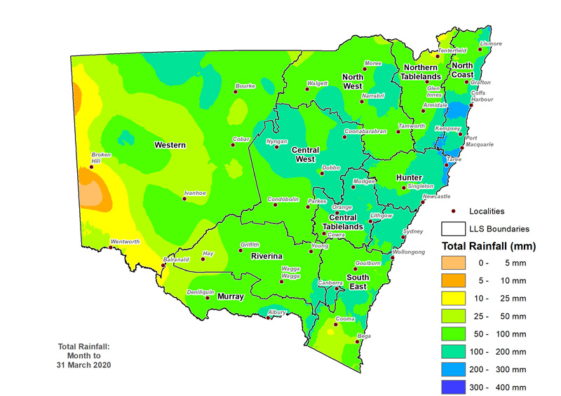 Figure 3a. Total rainfall March 2020 For an accessible explanation of this image contact the author seasonal.conditions@dpi.nsw.gov.au