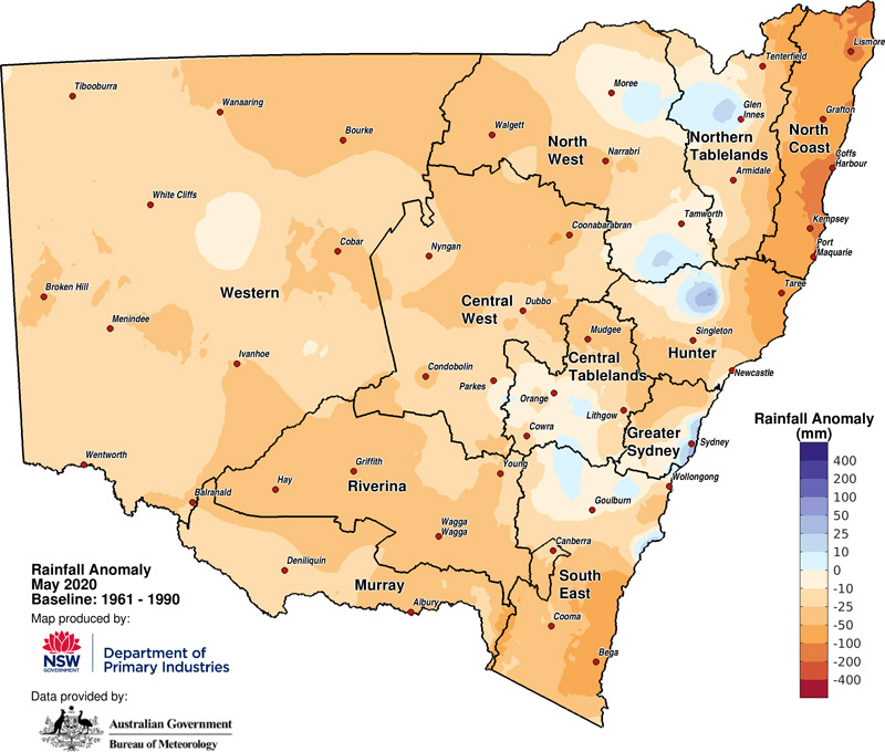 Figure 3a. Rainfall anomaly – May 2020 For an accessible explanation of this map contact the author seasonal.conditions@dpi.nsw.gov.au