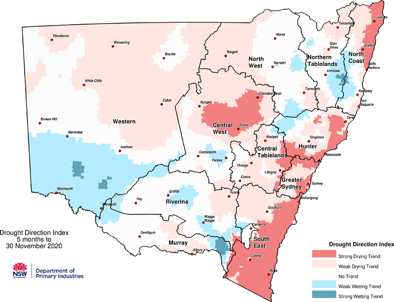 Figure 9. Drought Direction Index (DDI) to 30 November 2020 For an accessible explanation of this map contact the author seasonal.conditons@dpi.nsw.gov.au
