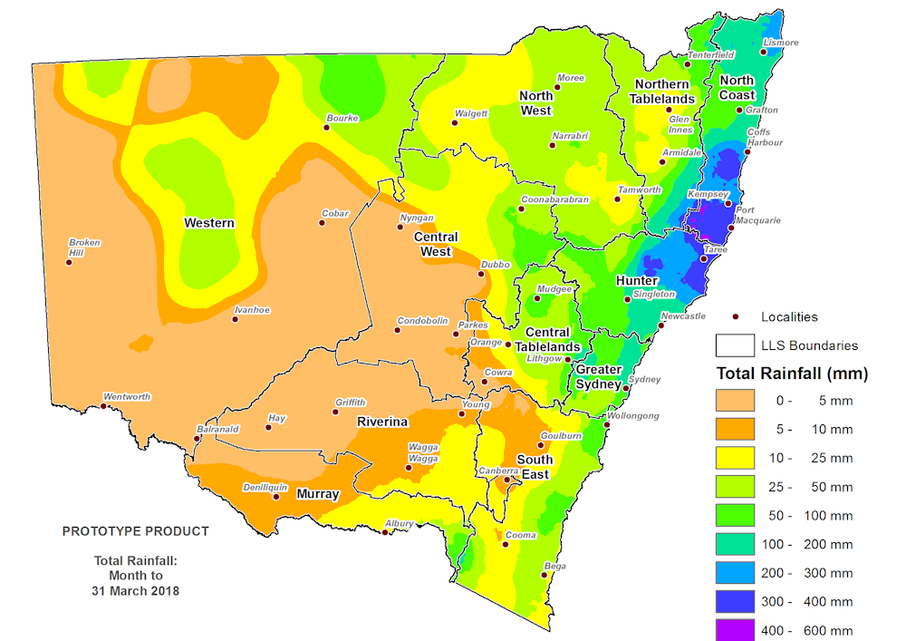 Figure 2. Total rainfall March 2018 For an accessible explanation of this map contact the author kim.broadfoot@dpi.nsw.gov.au