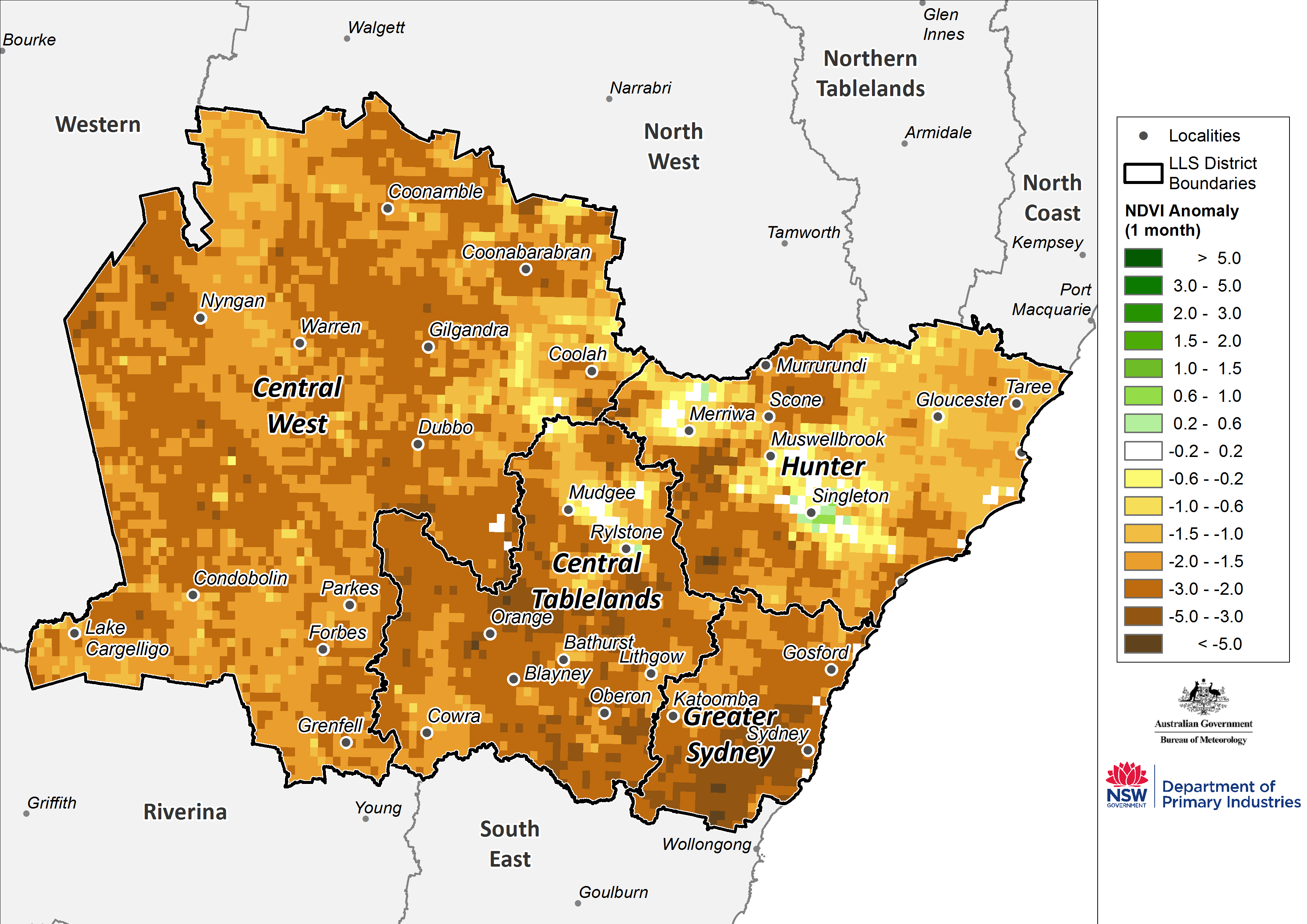 Figure 18. Monthly NDVI anomaly map for the Central Tablelands, Central West, Hunter and Greater Sydney regions For an accessible explanation of this map contact the author anthony.clark@dpi.nsw.gov.au