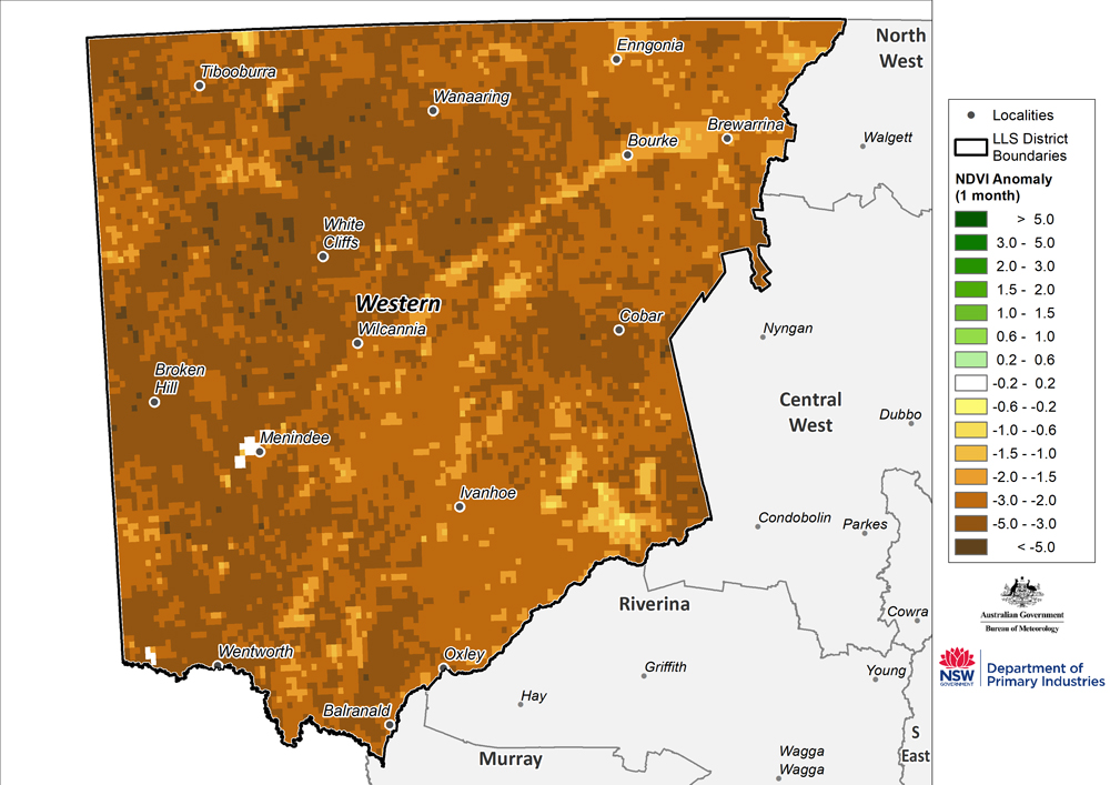 Figure 14. Monthly NDVI anomaly map for the Western Region For an accessible explanation of this map contact the author kim.broadfoot@dpi.nsw.gov.au