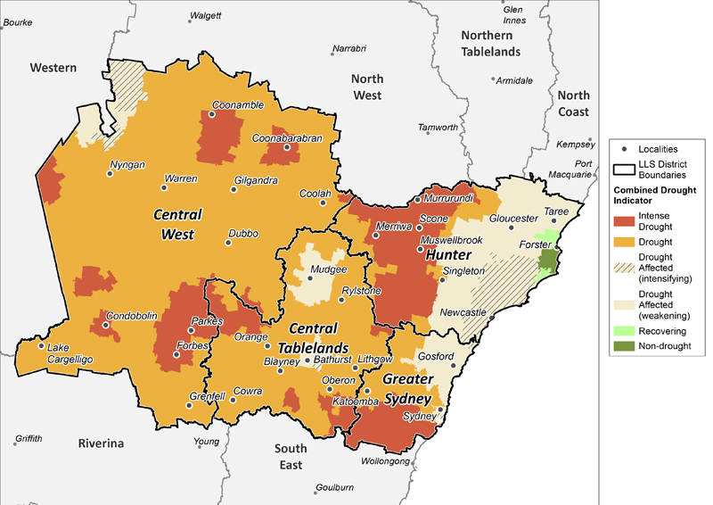 Figure 22. Combined Drought Indicator for the Central Tablelands, Central West, Hunter and Greater Sydney regions For an accessible explanation of this image contact the author kim.broadfoot@dpi.nsw.gov.au