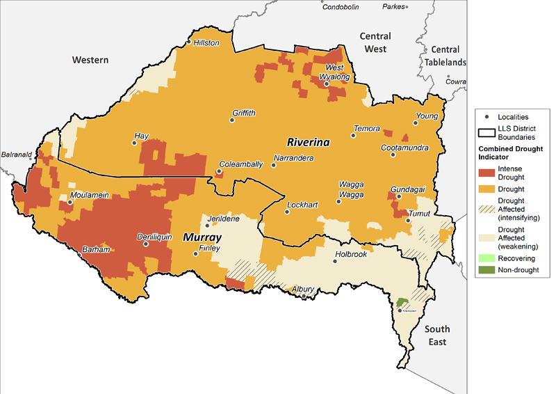 Figure 12. Combined Drought Indicator for the Murray and Riverina region For an accessible explanation of this map contact the owner kim.braoadfoot@dpi.nsw.gov.au