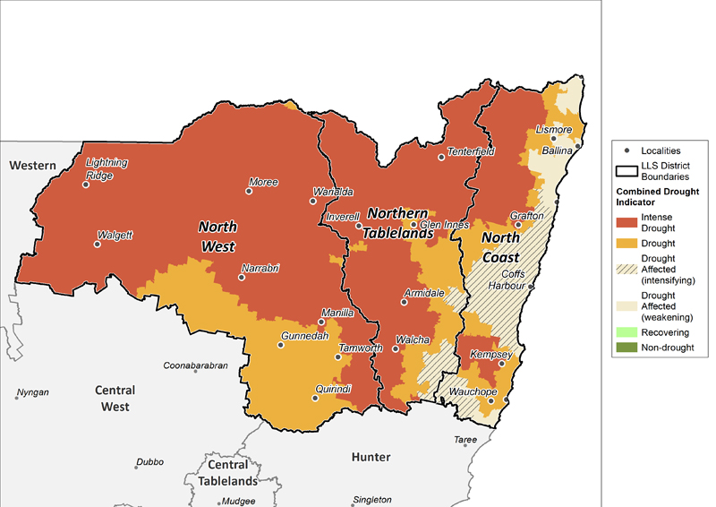 Figure 18. Combined Drought Indicator for the North West, Northern Tableland and North Coast regions For an accessible explanation of this map contact the author kim.broadfoot@dpi.nsw.gov.au