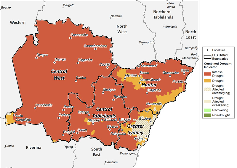 Figure 21. Combined Drought Indicator for the Central Tablelands, Central West, Hunter and Greater Sydney regions For an accessible explanation of this map contact the author seasonal.conditions@dpi.nsw.gov.au