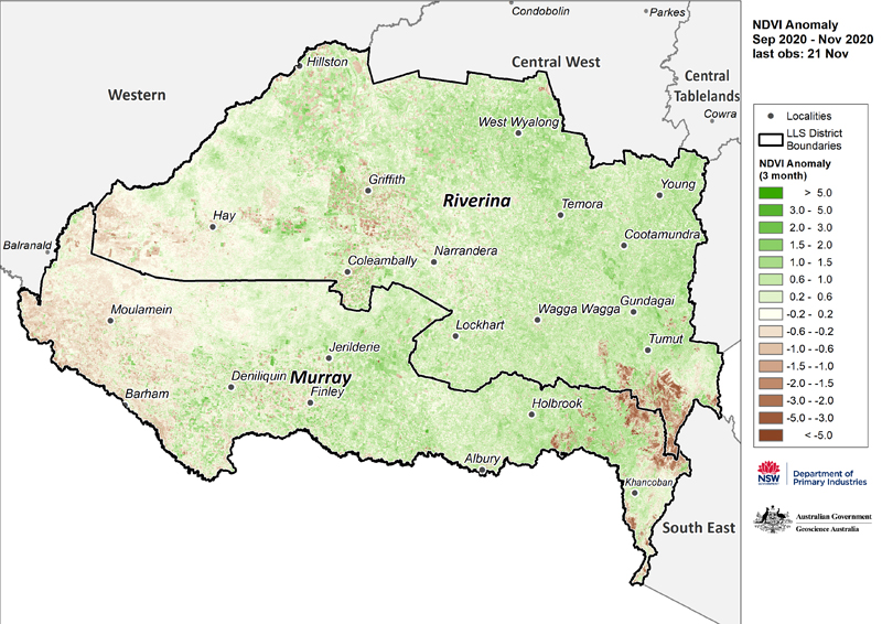 Figure 12. NDVI anomaly map for the Murray and Riverina LLS regions For an accessible explanation of this map contact the author seasonal.conditons@dpi.nsw.gov.au