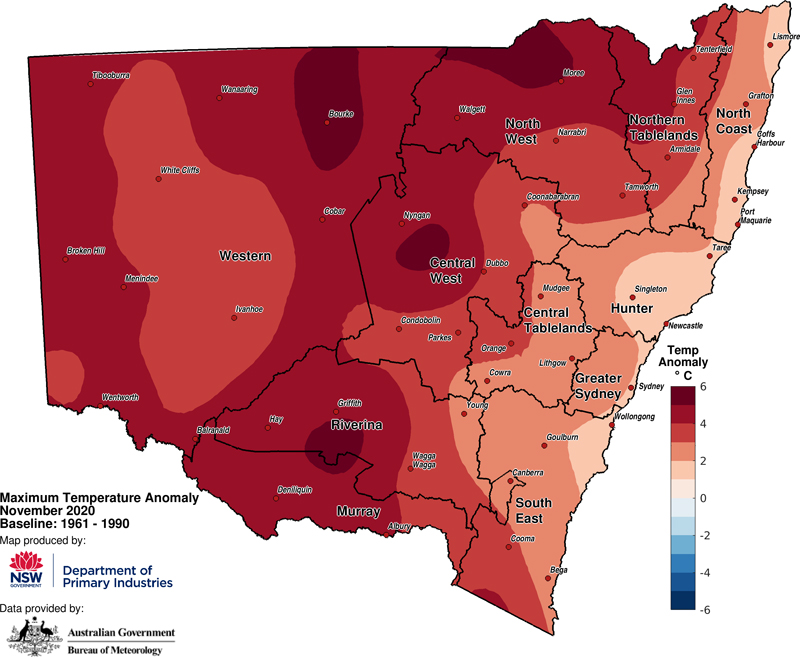 Figure 3a. Average maximum temperature anomaly For an accessible explanation of this map contact the author seasonal.conditons@dpi.nsw.gov.au