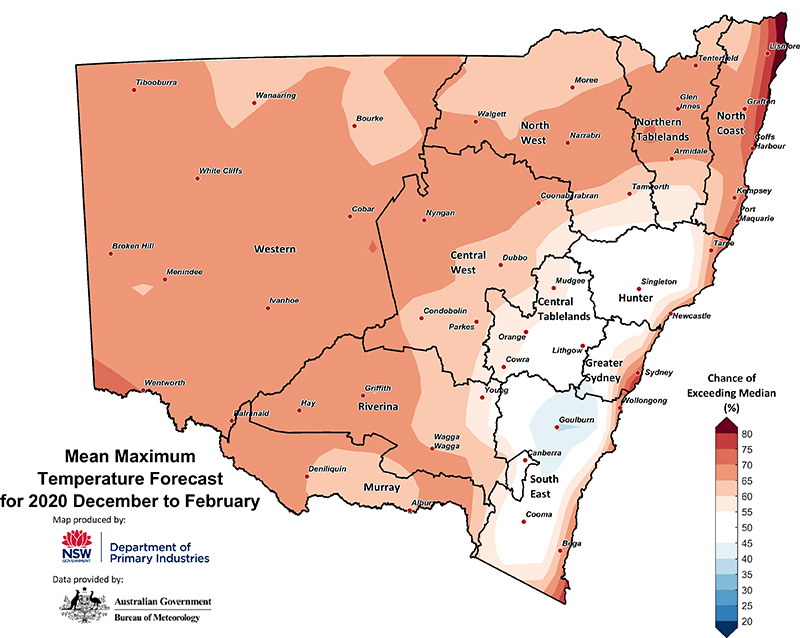Figure 27. Seasonal maximum temperature outlook for NSW issued on 03 December 2020 Map