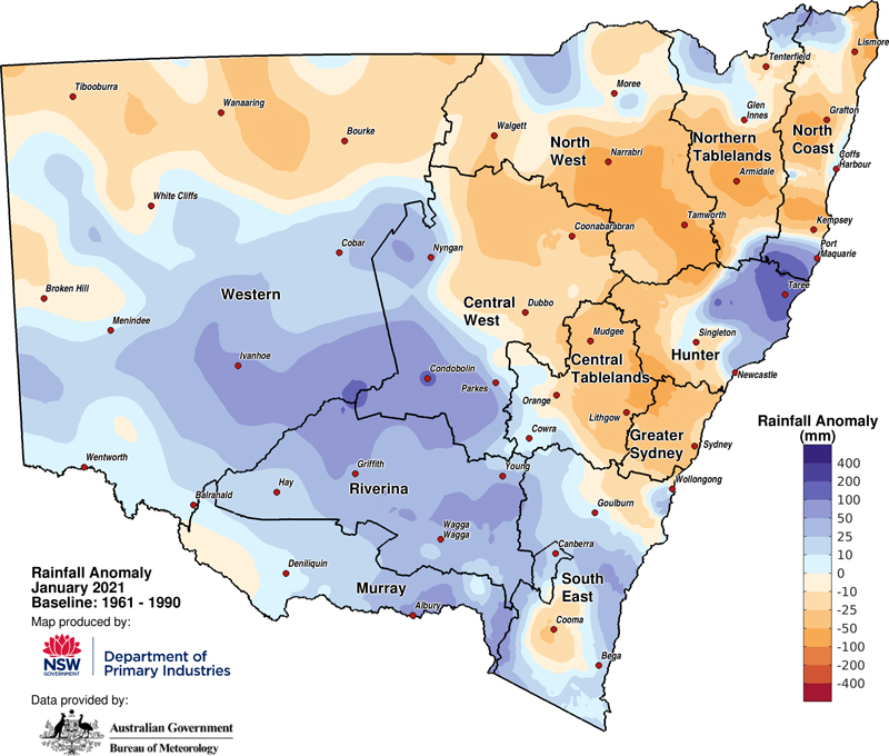 Figure 2a. Rainfall anomaly – January 2021 For an accessible explanation of this map contact the author seasonal.conditions@dpi.nsw.gov.au