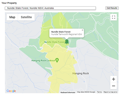 A screenshot of the RFS map search for bush fire prone areas