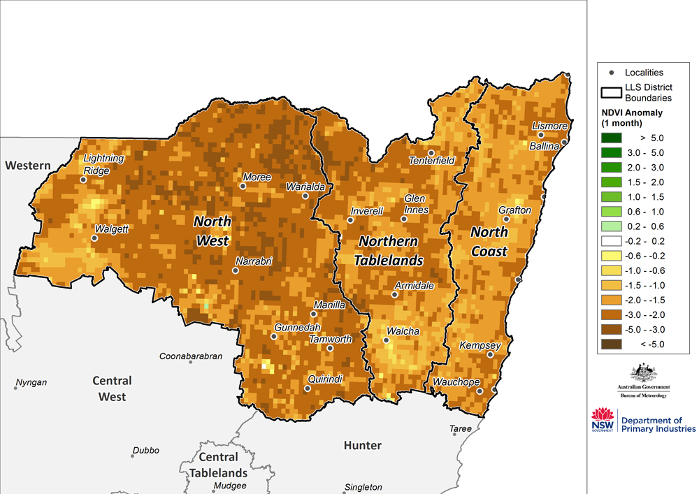 Figure 16. Monthly NDVI anomaly map for the North West, Northern Tableland and North Coast regions For an accessible explanation of this map contact the author kim.broadfoot@dpi.nsw.gov.au