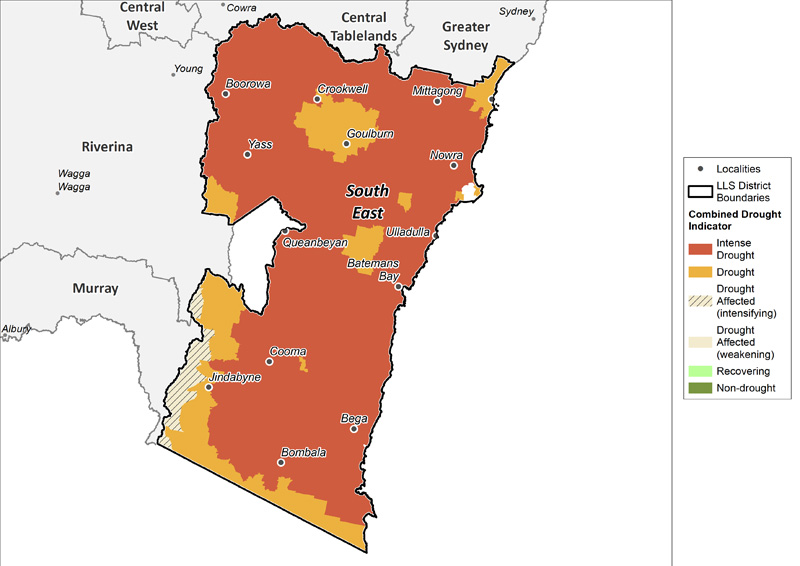 Figure 24. Combined Drought Indicator for the South East region For an accessible explanation of this map contact the author seasonal.conditions@dpi.nsw.gov.au