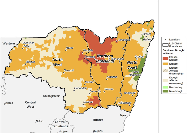 Figure 19. Combined Drought Indicator for the North West, Northern Tableland and North Coast regions For an accessible explanation of this image contact the author seasonal.conditions@dpi.nsw.gov.au