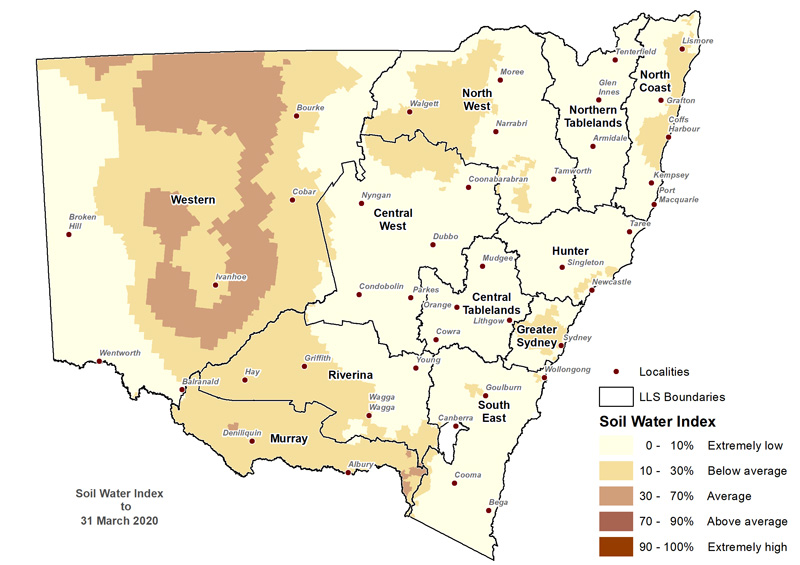 Figure 9. Soil Water Index (SWI) to 31 March 2020 For an accessible explanation of this image contact the author seasonal.conditions@dpi.nsw.gov.au