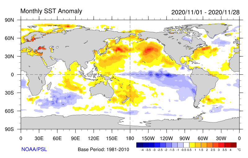 Figure 30. Monthly sea surface temperature anomalies (Source: NOAA) For an accessible explanation of this map contact the author seasonal.conditons@dpi.nsw.gov.au