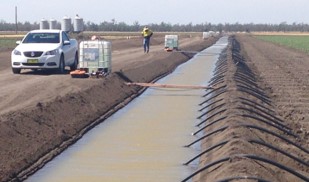 large irrigation channel in cotton field with black poly pipe