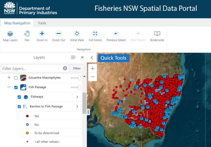 Computer screen showing Fisheries Spatial Data Portal with fish passage barriers and fishways layers turned on.