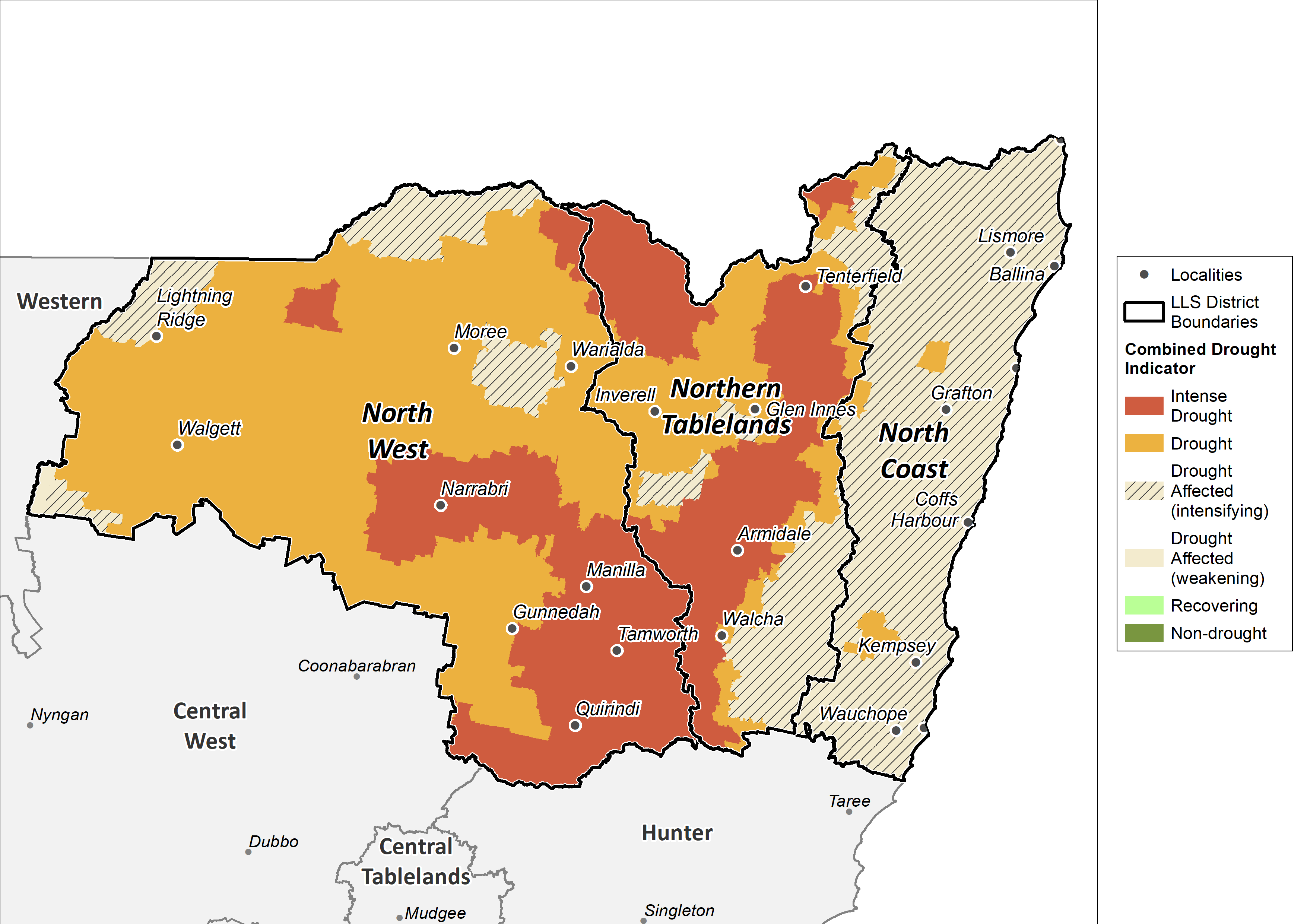 Figure 15. Combined Drought Indicator for the North West, Northern Tableland and North Coast regions For an accessible explanation of this map contact the author kim.broadfoot@dpi.nsw.gov.au