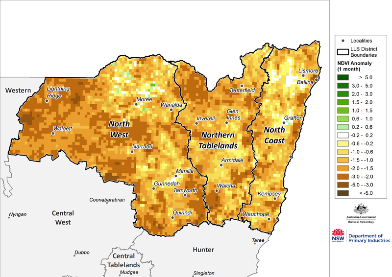 Figure 19. Monthly NDVI anomaly map for the North West, Northern Tableland and North Coast regions For an accessible explanation of this map contact the owner kim.braoadfoot@dpi.nsw.gov.au