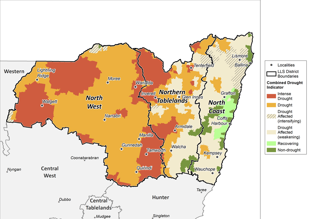 Figure 18. Combined Drought Indicator for the North West, Northern Tableland and North Coast regions For an accessible explanation of this map contact the author kim.broadfoot@dpi.nsw.gov.au