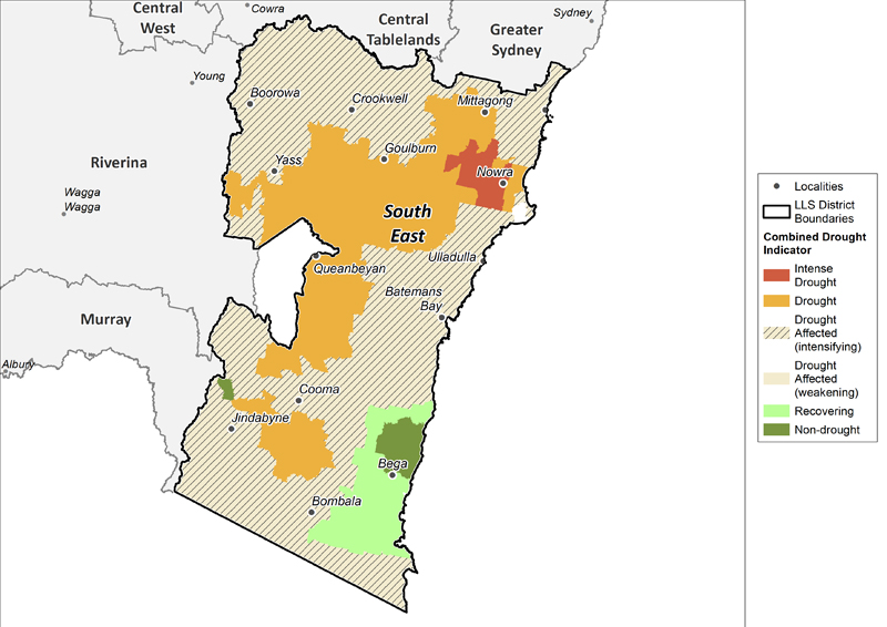 Figure 24. Combined Drought Indicator for the South East region For an accessible explanation of this map contact the author kim.broadfoot@dpi.nsw.gov.au
