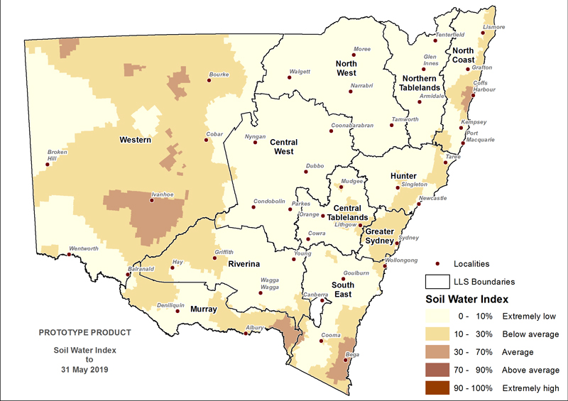 Figure 7. Soil Water Index (SWI) to 31 May 2019 For an accessible explanation of this graphic contact the author scott.wallace@dpi.nsw.gov.au