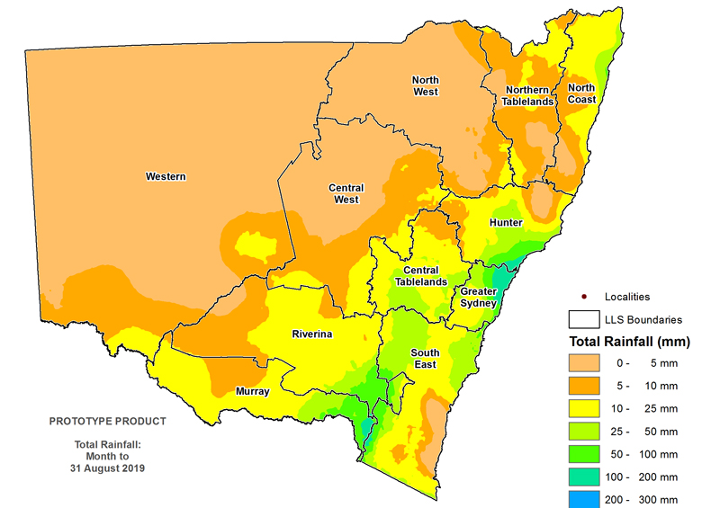 Figure 3. Total rainfall August 2019 For an accessible explanation of this map/graph contact the author seasonal.conditions@dpi.nsw.gov.au