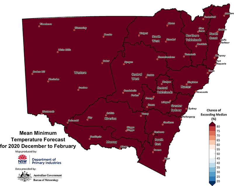 Figure 28. Seasonal minimum temperature outlook for NSW issued on 03 December 2020 Map