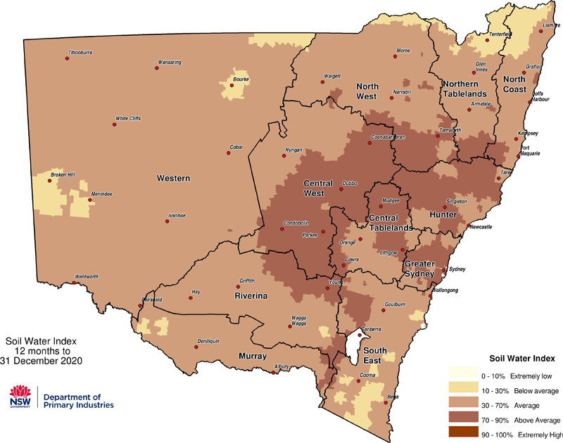 Figure 6. Soil Water Index (SWI) to 31 December 2020 For an accessible explanation of this image contact the author seasonal.conditions@dpi.nsw.gov.au
