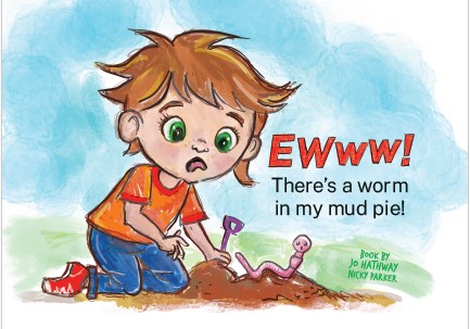 A young child is suprised to find a worm in their mud pie - illustration