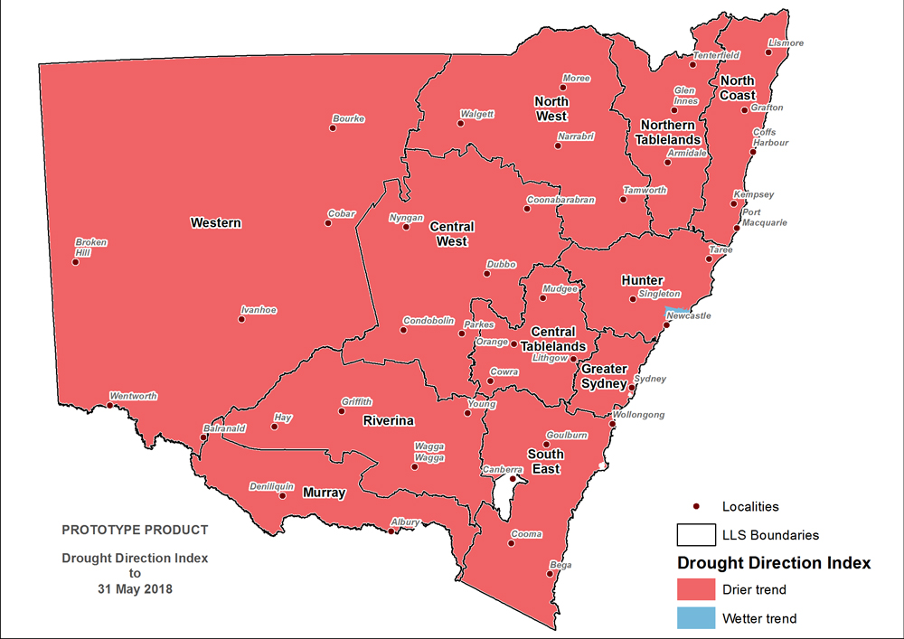 Figure 9. Drought Direction Index (DDI) to 31 May 2018 For an accessible explanation of this map contact the author kim.broadfoot@dpi.nsw.gov.au