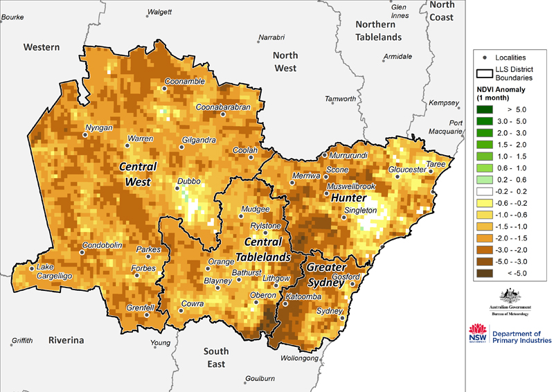 Figure 22. Monthly NDVI anomaly map for the Central Tablelands, Central West, Hunter and Greater Sydney regions For an accessible explanation of this map contact the owner kim.braoadfoot@dpi.nsw.gov.au
