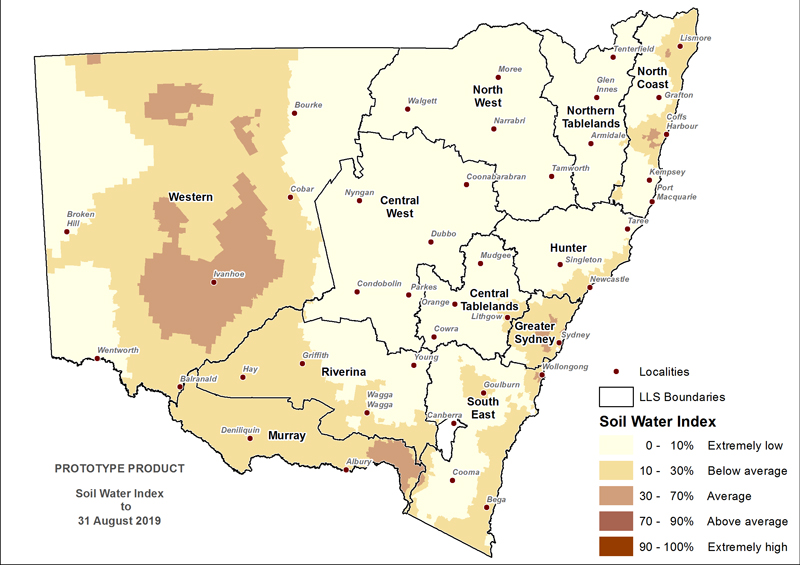 Figure 8. Soil Water Index (SWI) to 31 August 2019 For an accessible explanation of this map/graph contact the author seasonal.conditions@dpi.nsw.gov.au