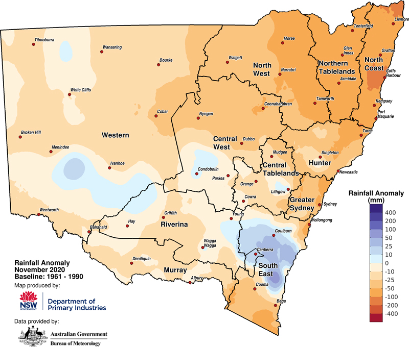 Figure 2a. Rainfall anomaly – November 2020 For an accessible explanation of this map contact the author seasonal.conditons@dpi.nsw.gov.au