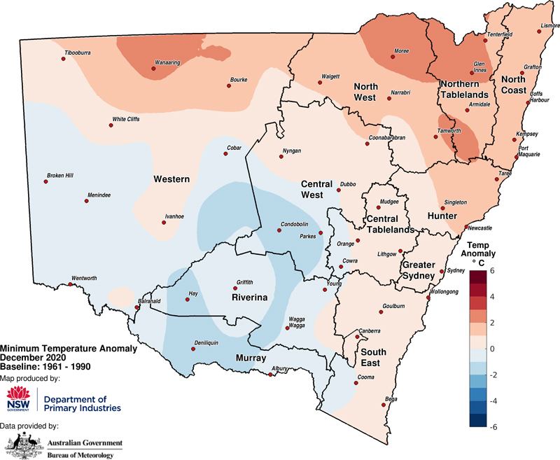Figure 3c. Average minimum temperature anomaly– December 2020 For an accessible explanation of this image contact the author seasonal.conditions@dpi.nsw.gov.au