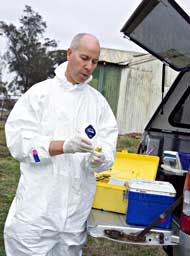 Veterinarian at back of vehicle